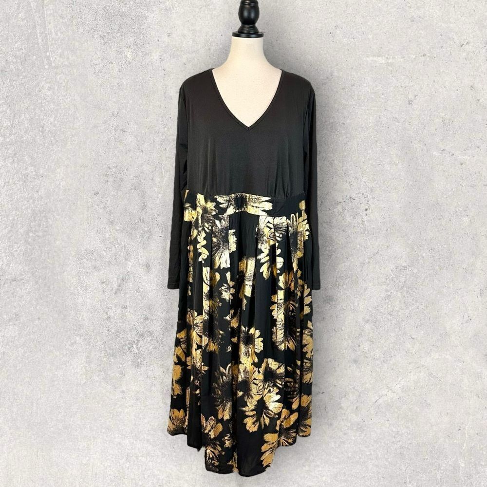 NWT BloomChic Midi Dress Black Metallic Gold Foil Floral Print Long Sleeve 18/20